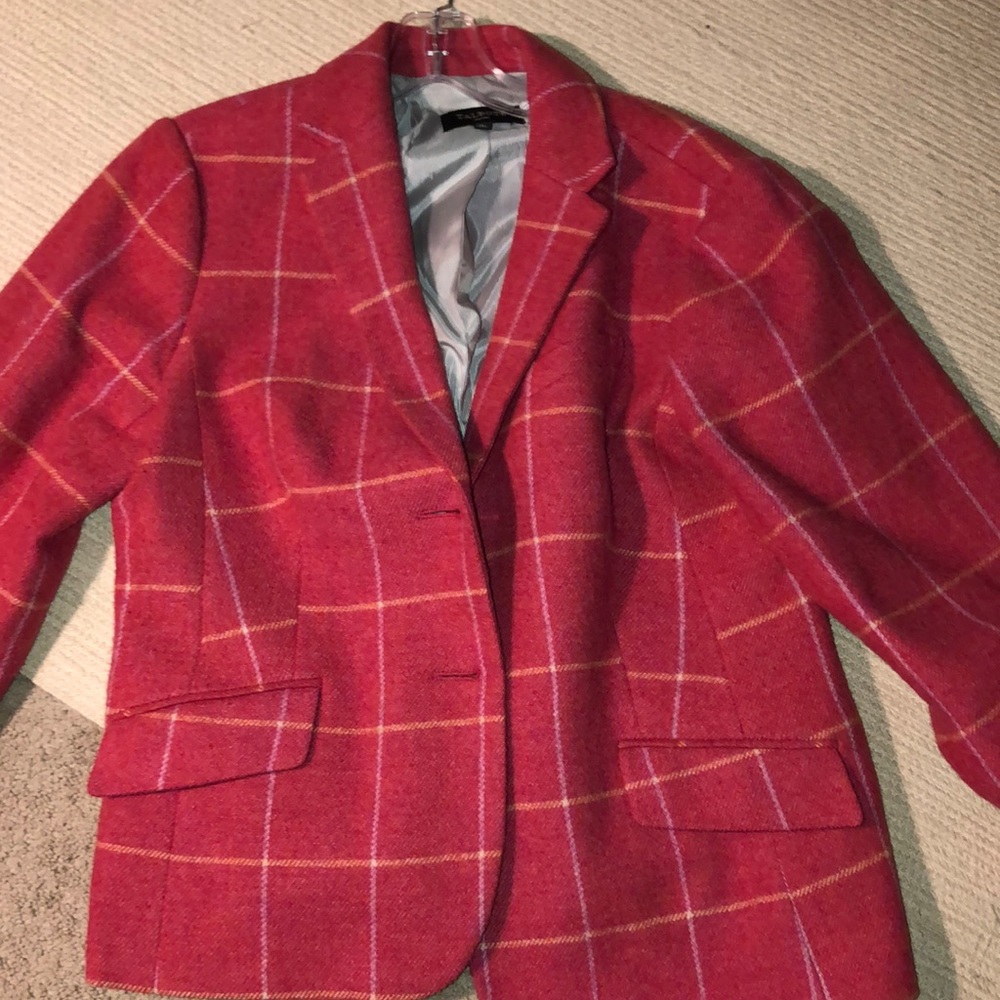 Talbots wool windowpane blazer, 16P, classic! Dark pink white yellow plaid